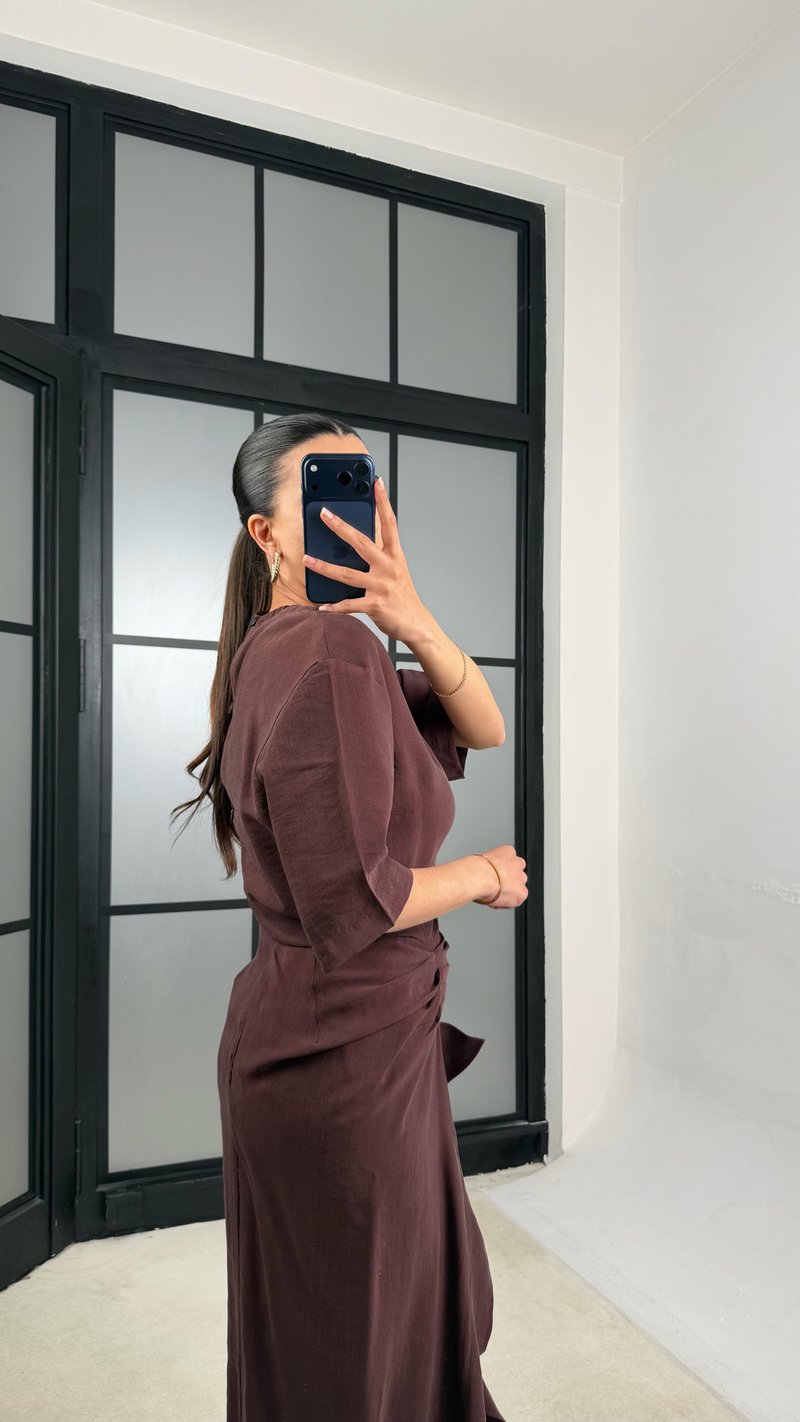 Bordo Yırtmaç Detaylı Tencel Elbise GAUS-01405