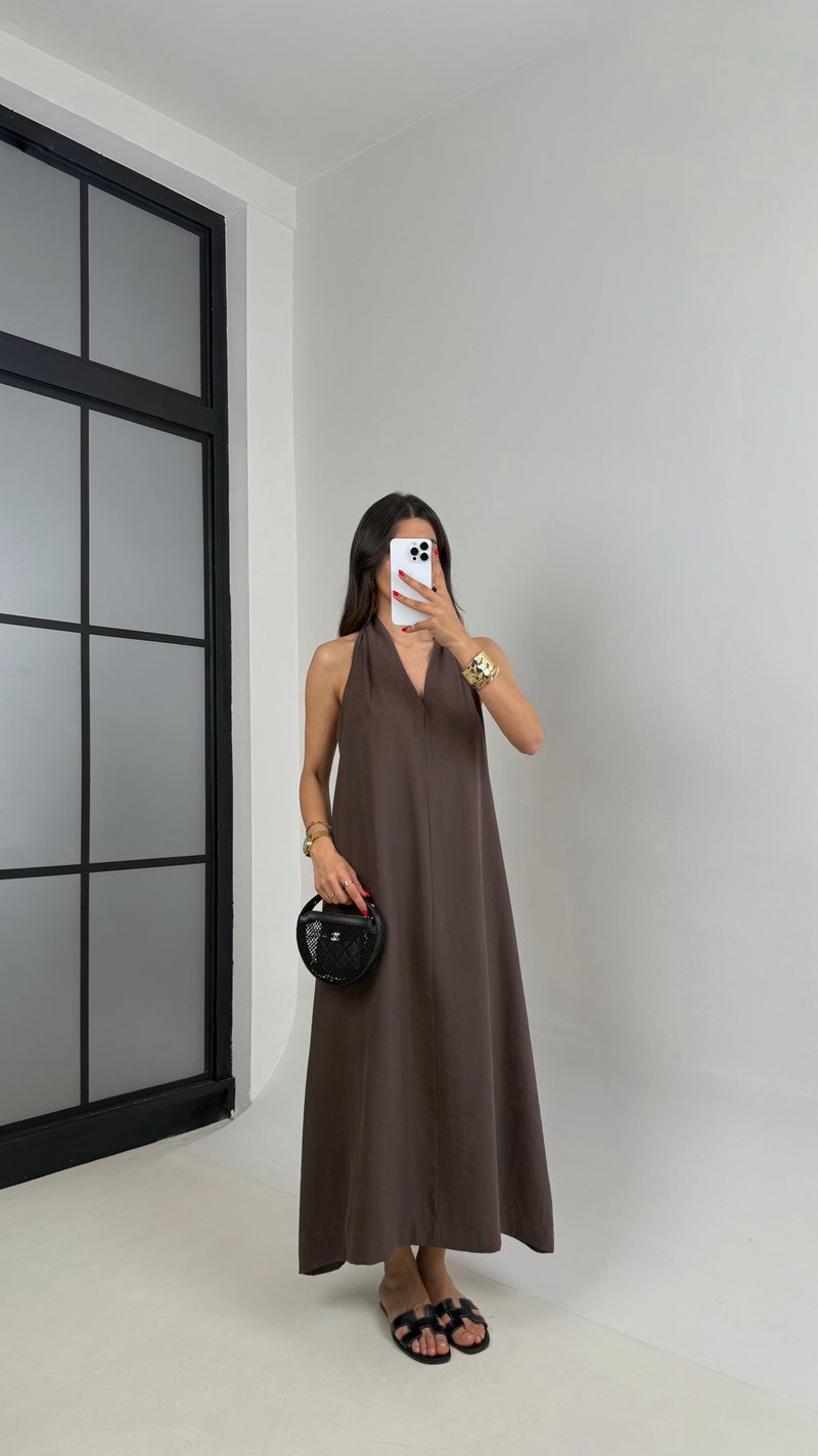 Kahve V Yaka Sırt Detaylı Premium Tencel Elbise Gaus00481 