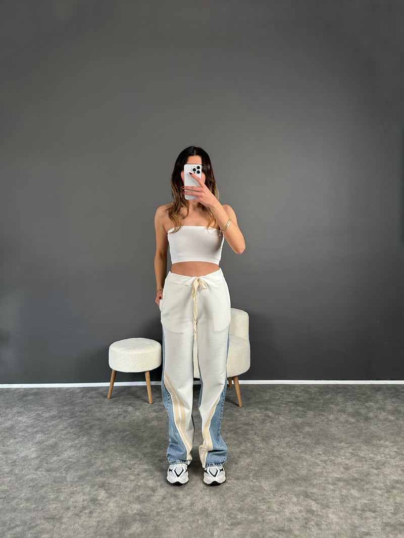 Premium Beyaz Jean Şerit Detaylı Pantolon 