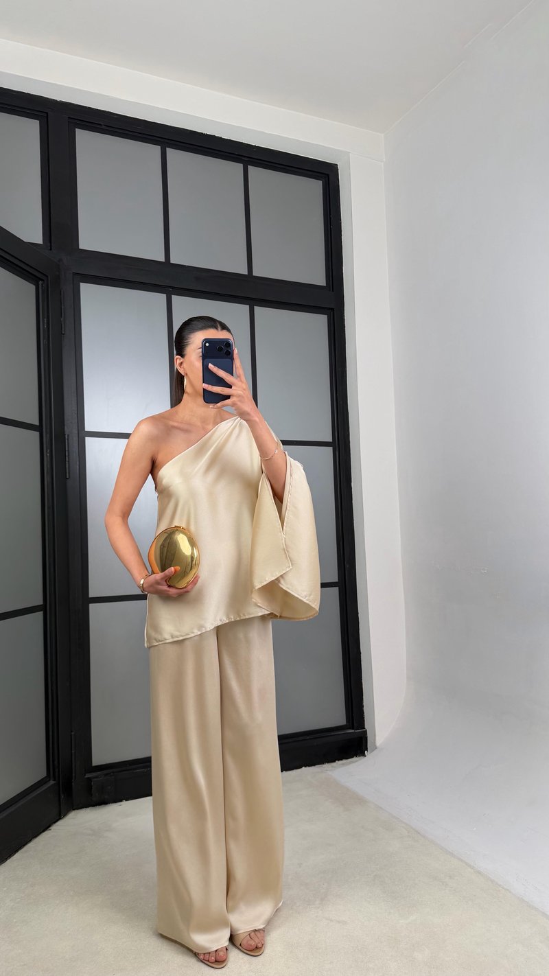 Taş Yarasa Kol Bluz Beli Lastikli Pantolon Saten Takım GAUS-01528