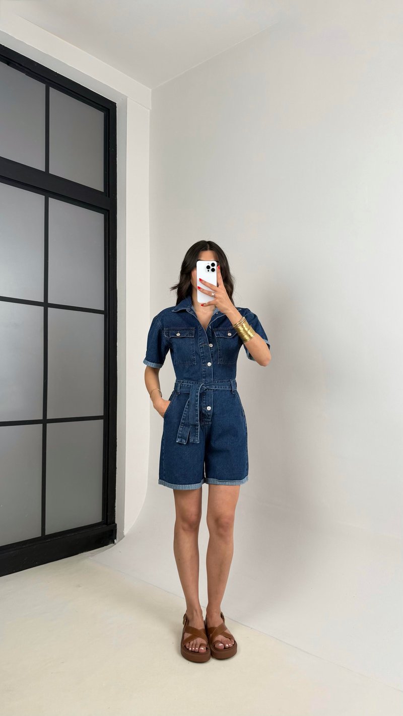Lacivert Kısa Kol Önü Düğmeli Kemerli  Denim Tulum Gaus00465