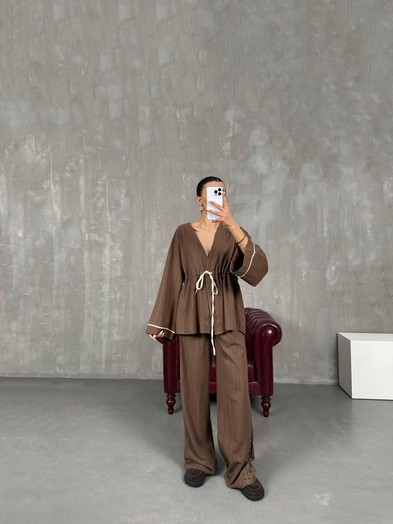 Kahve Bağlamalı Keten Kimono Takım Gaus00034