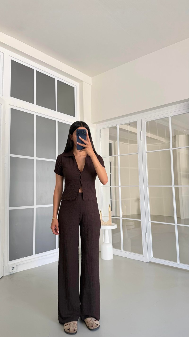 Acı Kahve Crop Bluz Beli Lastikli Pantolon Bürümcük Takım GAUS-01555