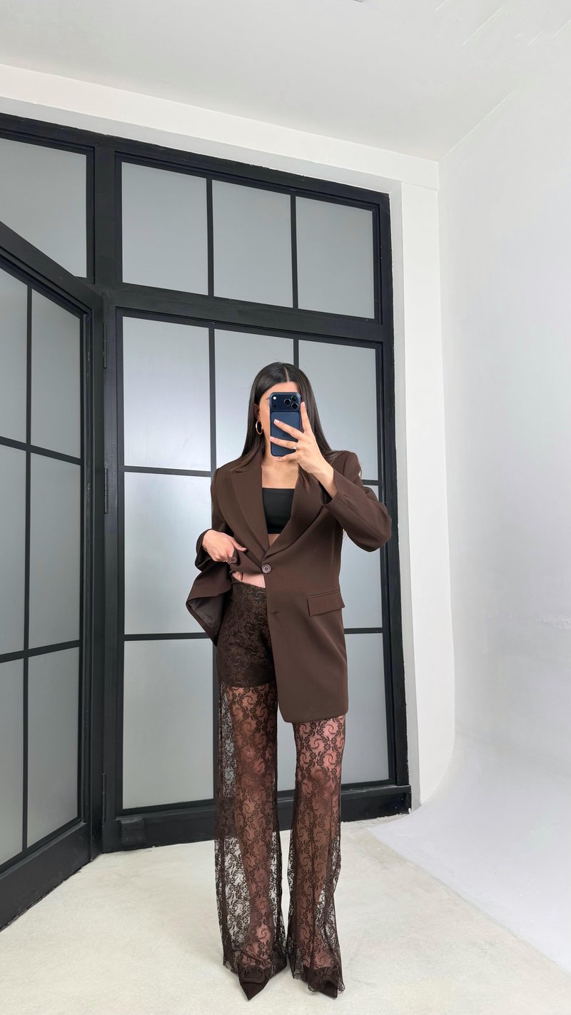 Kahve Astarlı Vatkalı Ceket Beli Lastikli Dantel Pantolon İkili Premium Takım GAUS-01220
