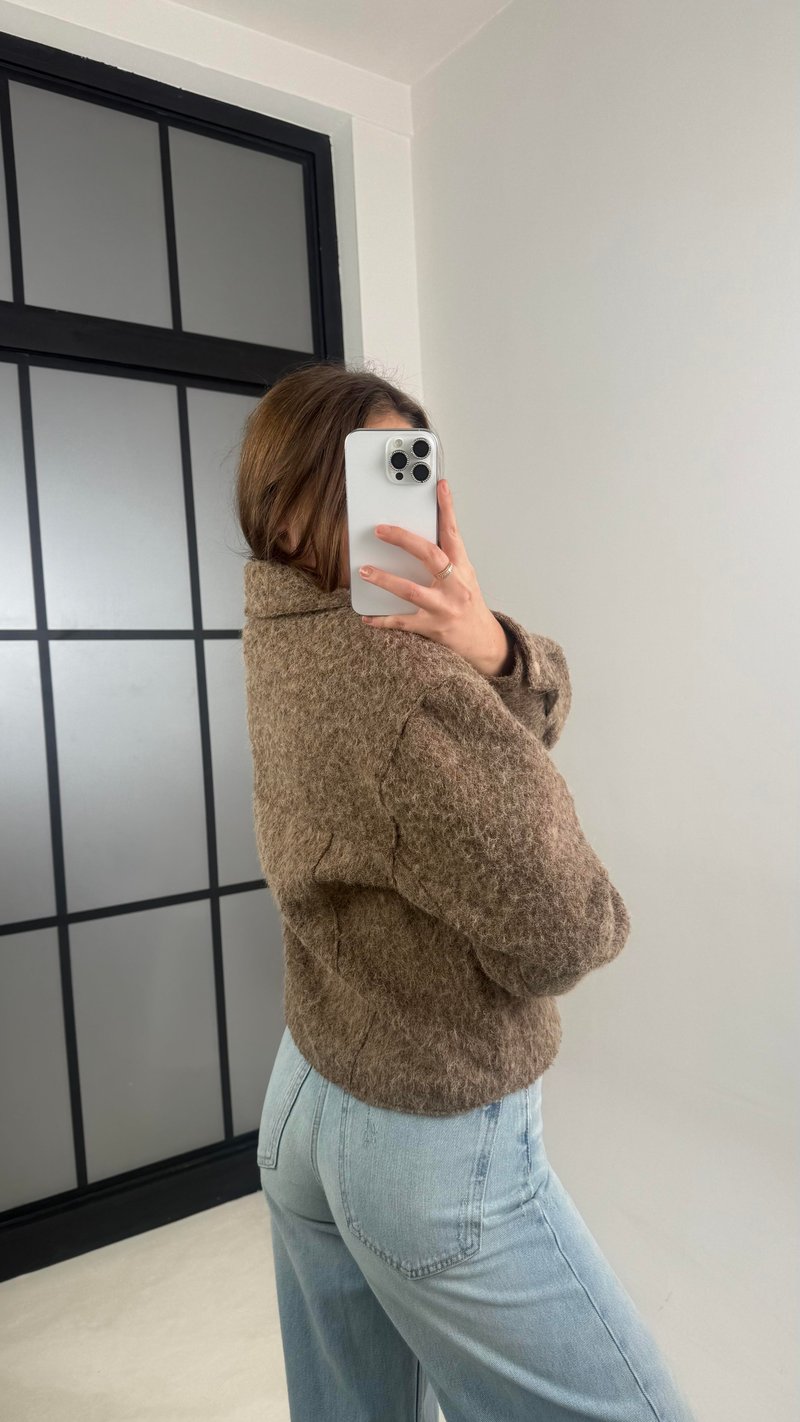 Kahve Astarlı Fermuarlı Muadil Keçe Kumaş Ceket GAUS-00603