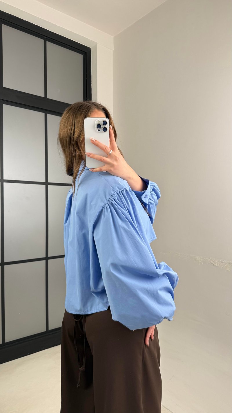 Mavi Balon Kol Crop Poplin Gömlek GAUS-01117