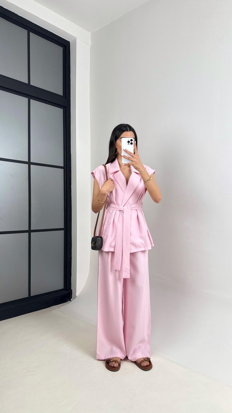 Pembe Cepli Kuşaklı Yelek Beli Lastikli Pantolon Tencel Takım Gaus00433