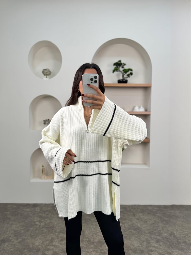 Leno Ekru Fermuarlı Oversize Triko Kazak