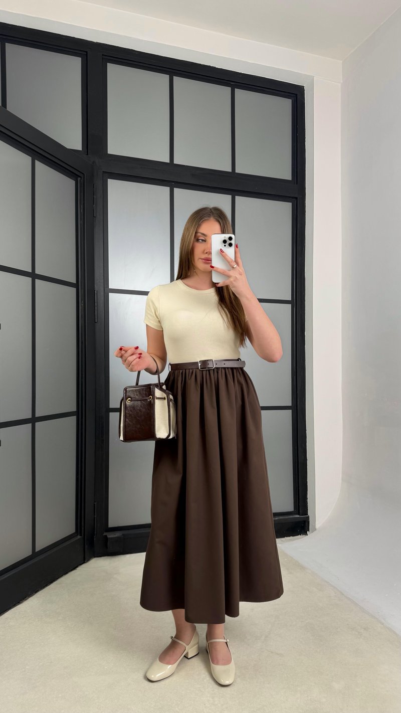 Kahve Kısa Kol Beli Lastikli Kemerli Elbise GAUS-01246