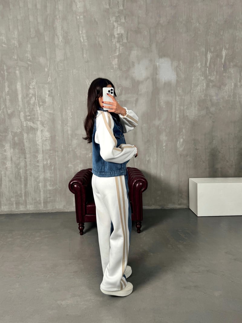 Gong Beyaz Denim Karışımlı Şeritli Takım