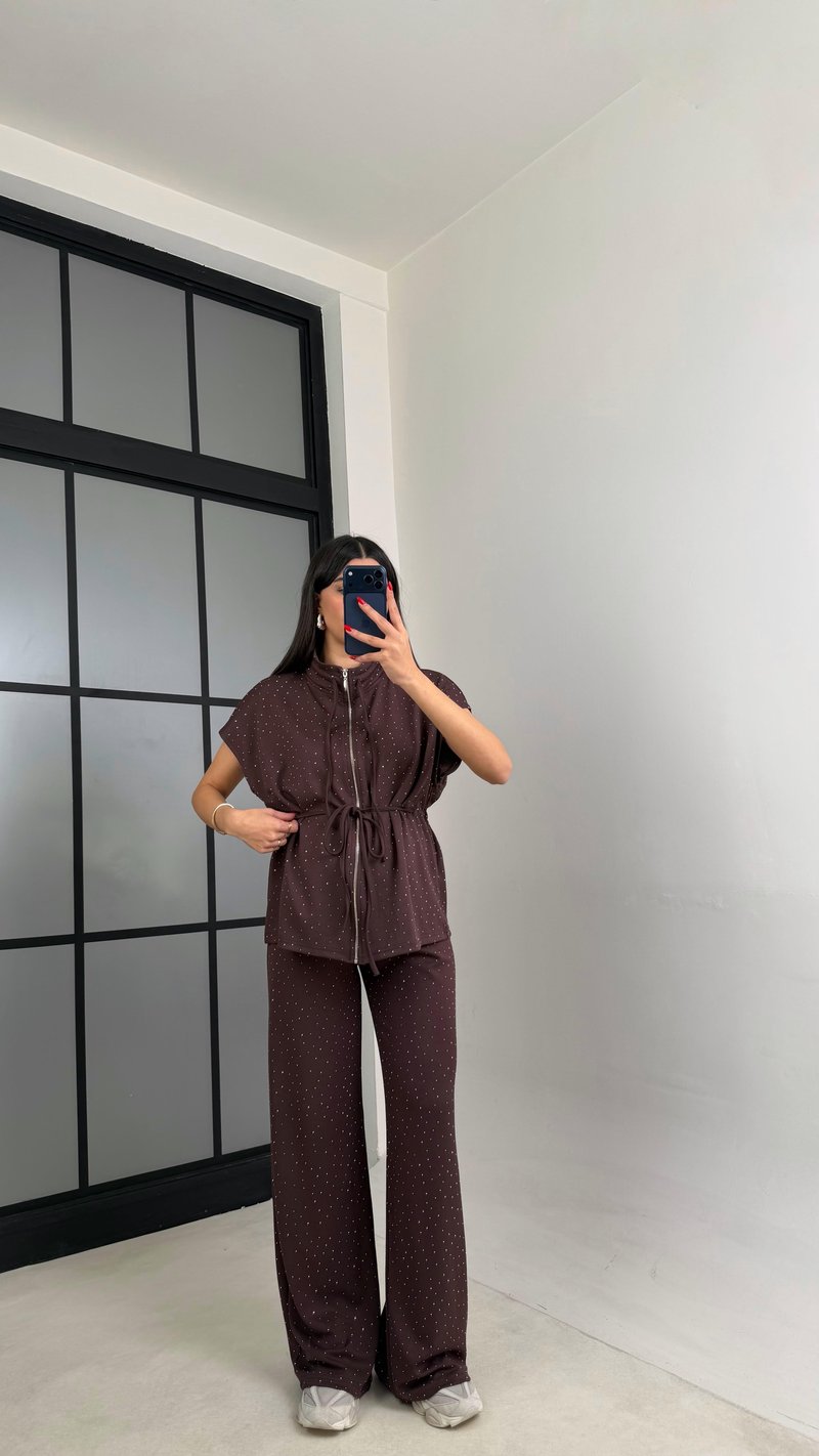 Kahve Beli Lastikli Hırka Pantolon Taşlı Modal Takım GAUS-01064