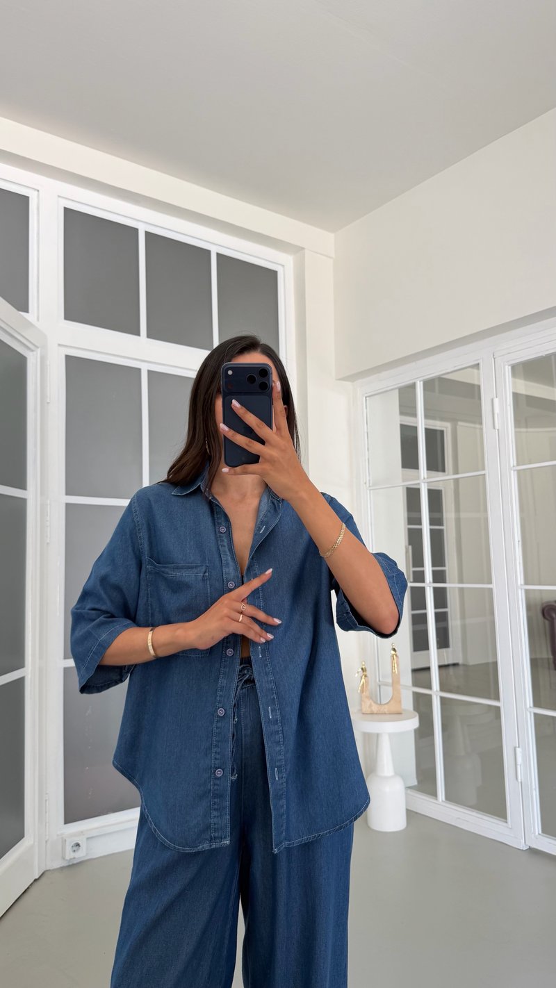 Koyu Mavi Gömlek Beli Lastikli Pantolon İkili Tencel Denim Takım GAUS-01791