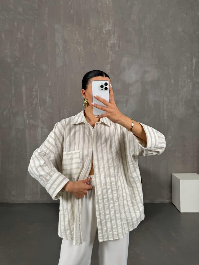 Vizon Çizgili Oversize Keten Gömlek Gaus00017