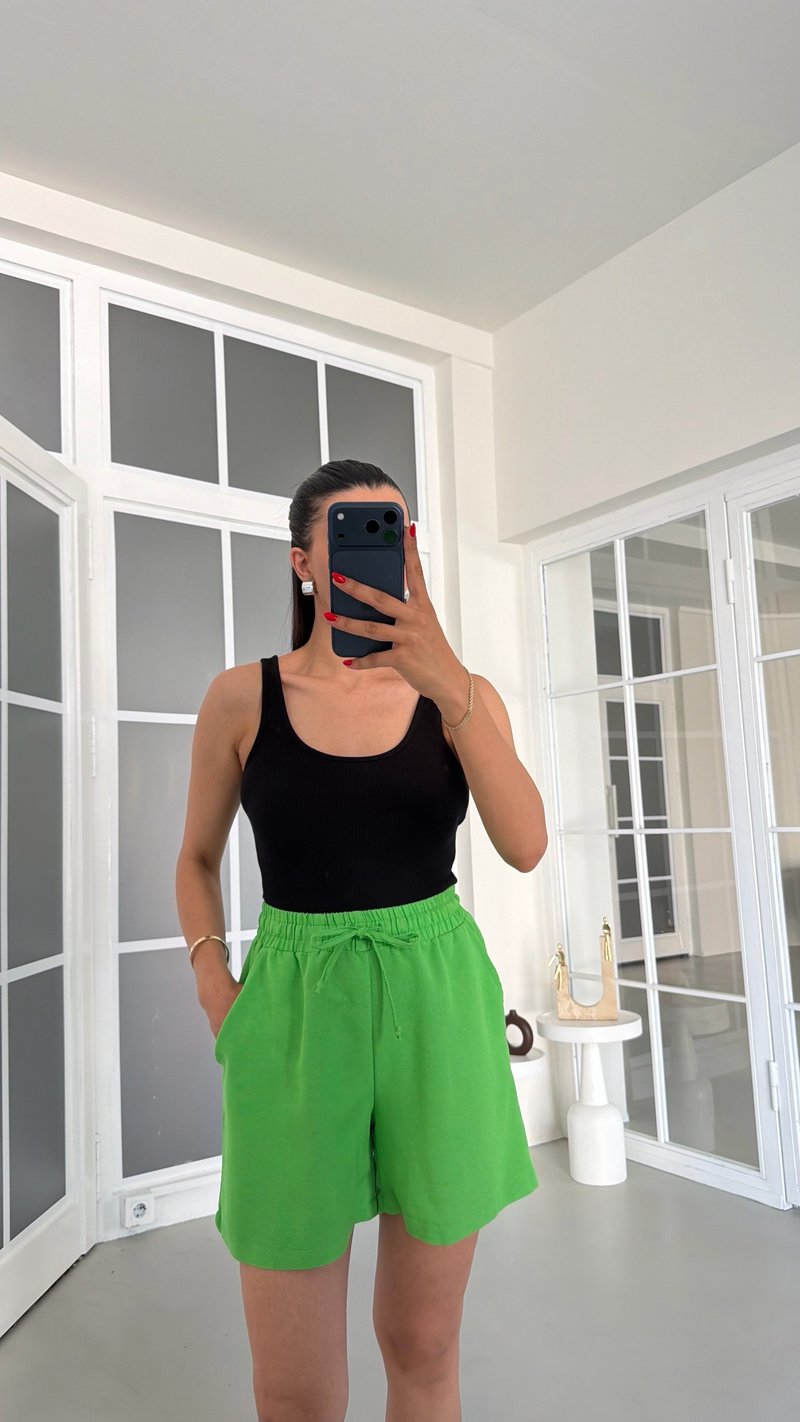 Yeşil Beli Lastikli Keten Şort GAUS-01799