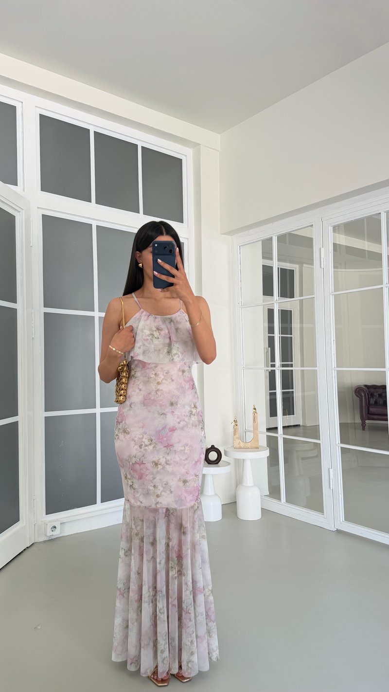 Pembe Çiçek Desenli Astarlı Tül Elbise GAUS-01760