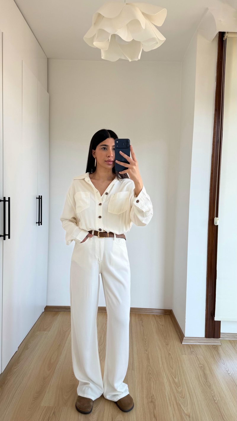 Bej Beli Lastikli Tencel Denim Tulum GAUS-01394