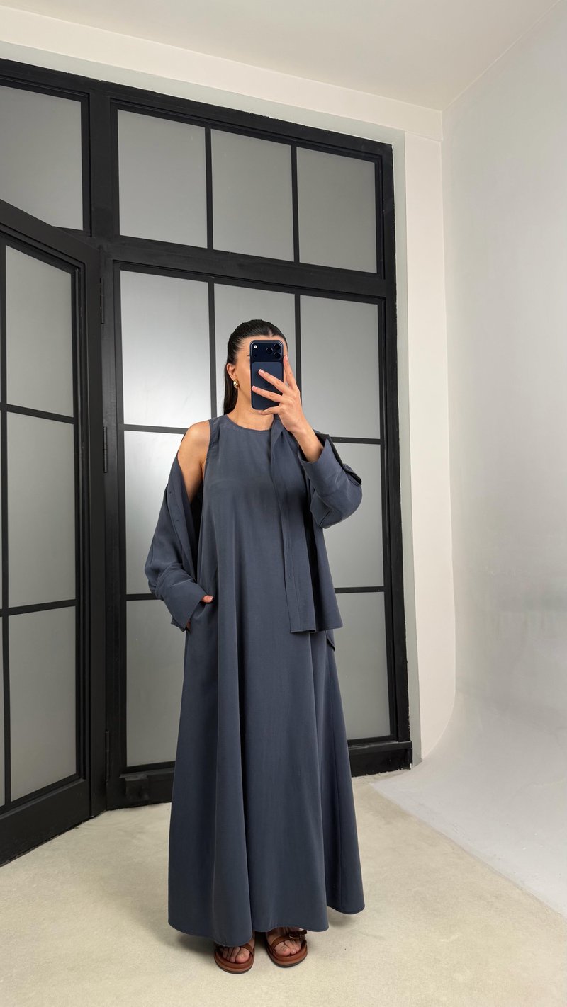 Lacivert Gömlek Elbise Oversize İkili Tencel Takım GAUS-01423