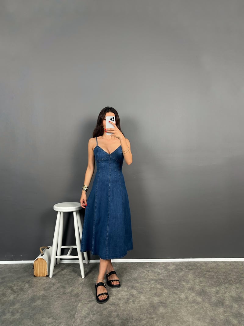 Jain Night Blue Ayarlanabilir Askılı Göğüs Detaylı Kot Elbise