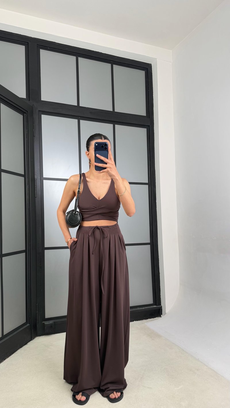 Acı Kahve OYS Model Pedli  Crop Beli Lastikli Pantolon İkili Takım GAUS-01441