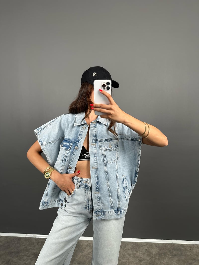 Laswel Buz Mavisi Yarasa Kol Tasarım Denim Kot Yelek 