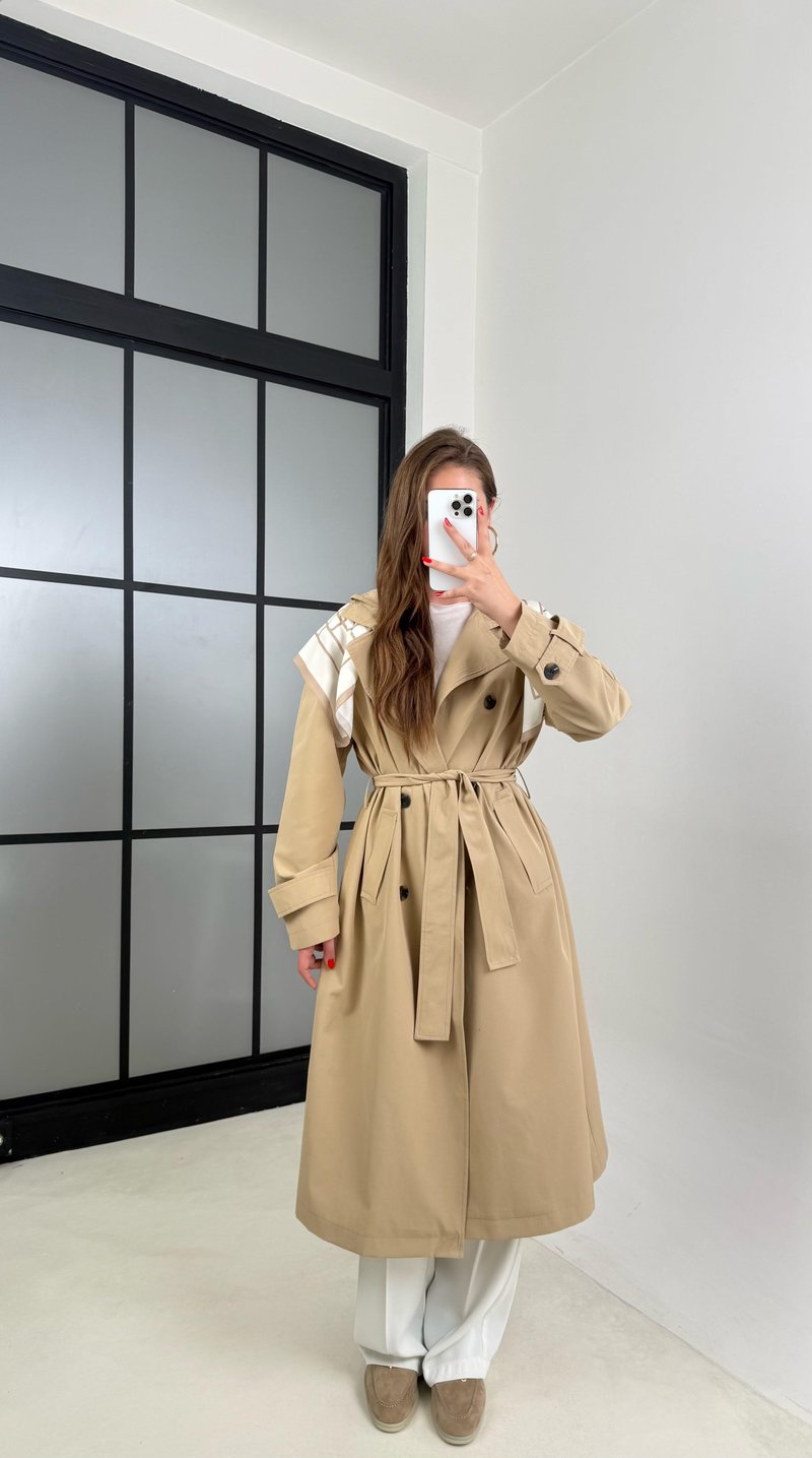 Camel Fular Detaylı Kuşaklı Tasarım Trençkot GAUS-00515