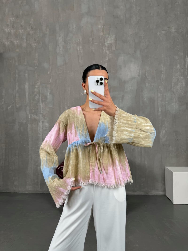 Pembe Önden Bağlamalı Müslin Ebruli Bluz Gaus00088