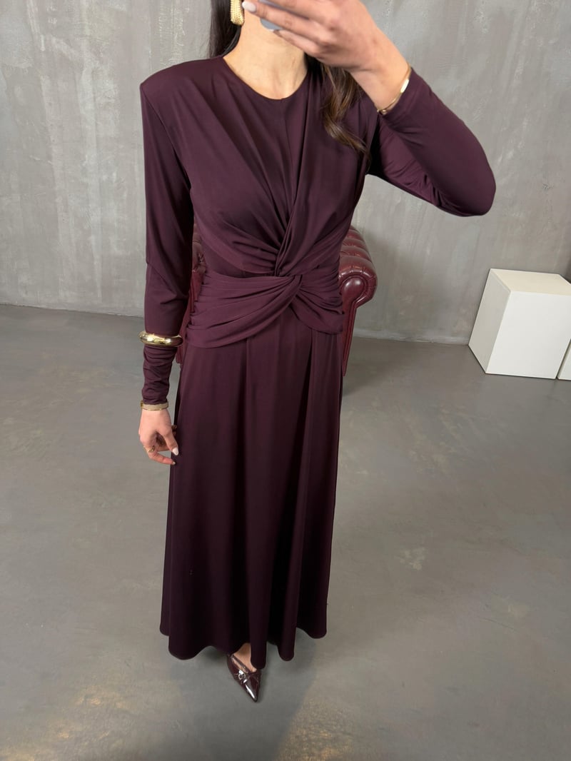 Daisy Mürdüm Önden Drape Detaylı Vatkalı Maxi Elbise