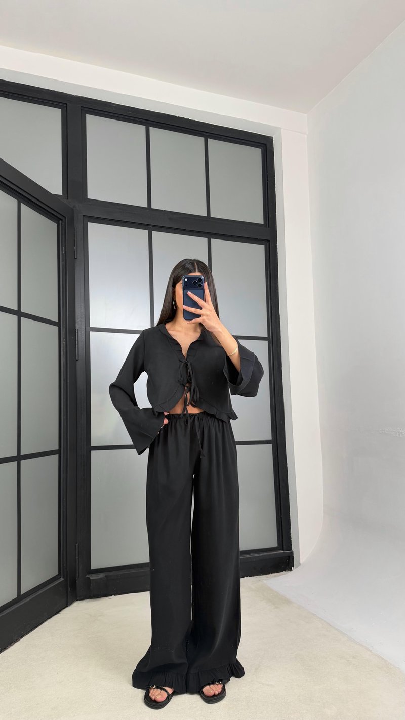 Siyah Önden Bağlamalı Gömlek Beli Lastikli Pantolon İkili Tencel Takım GAUS-01336
