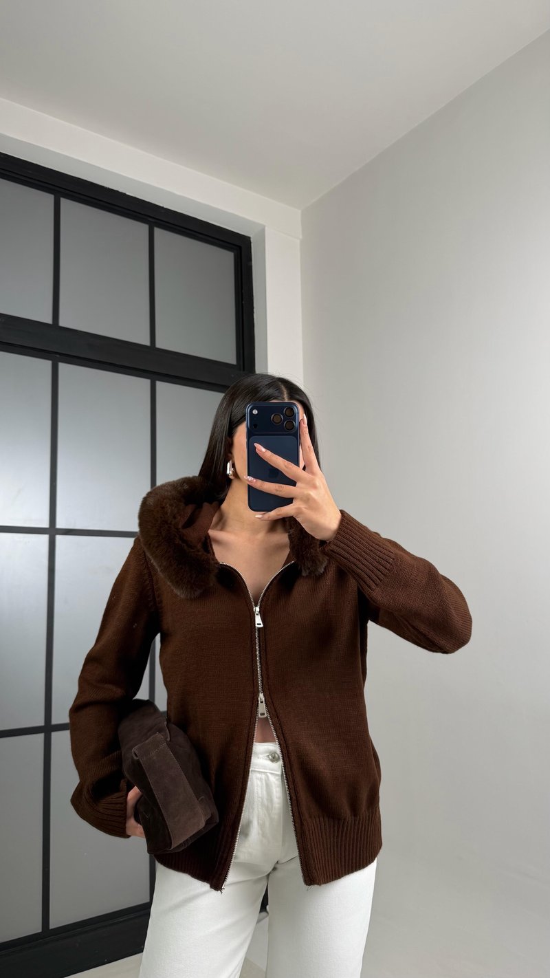 Kahve Kürk Detaylı Kapüşonlu Triko Hırka GAUS-00883