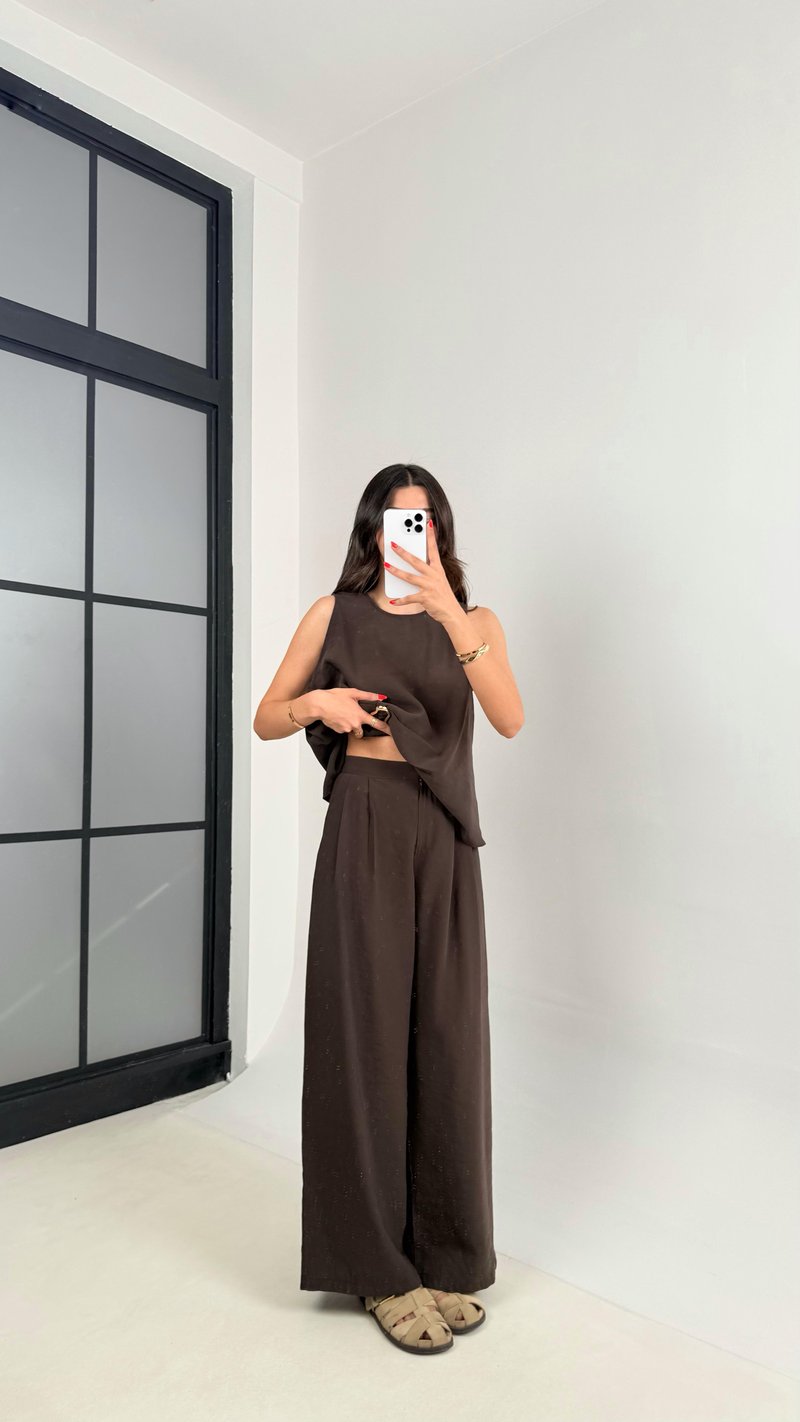 Acı Kahve Gold Detaylı Bluz Balon Pantolon İkili Tencel Takım Gaus00510