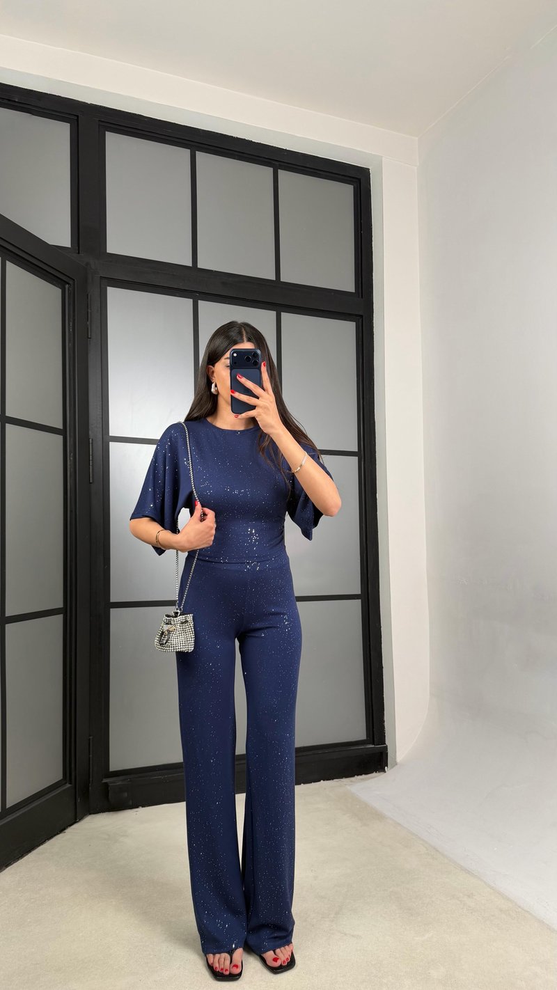 Lacivert Simli Bluz Beli Lastikli Pantolon İkili Takım GAUS-01554