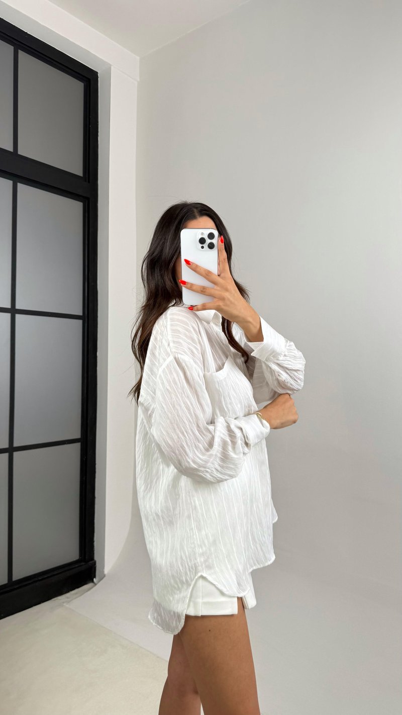 Beyaz Şerit Desenli Kırışık Tencel Gömlek GAUS-0032