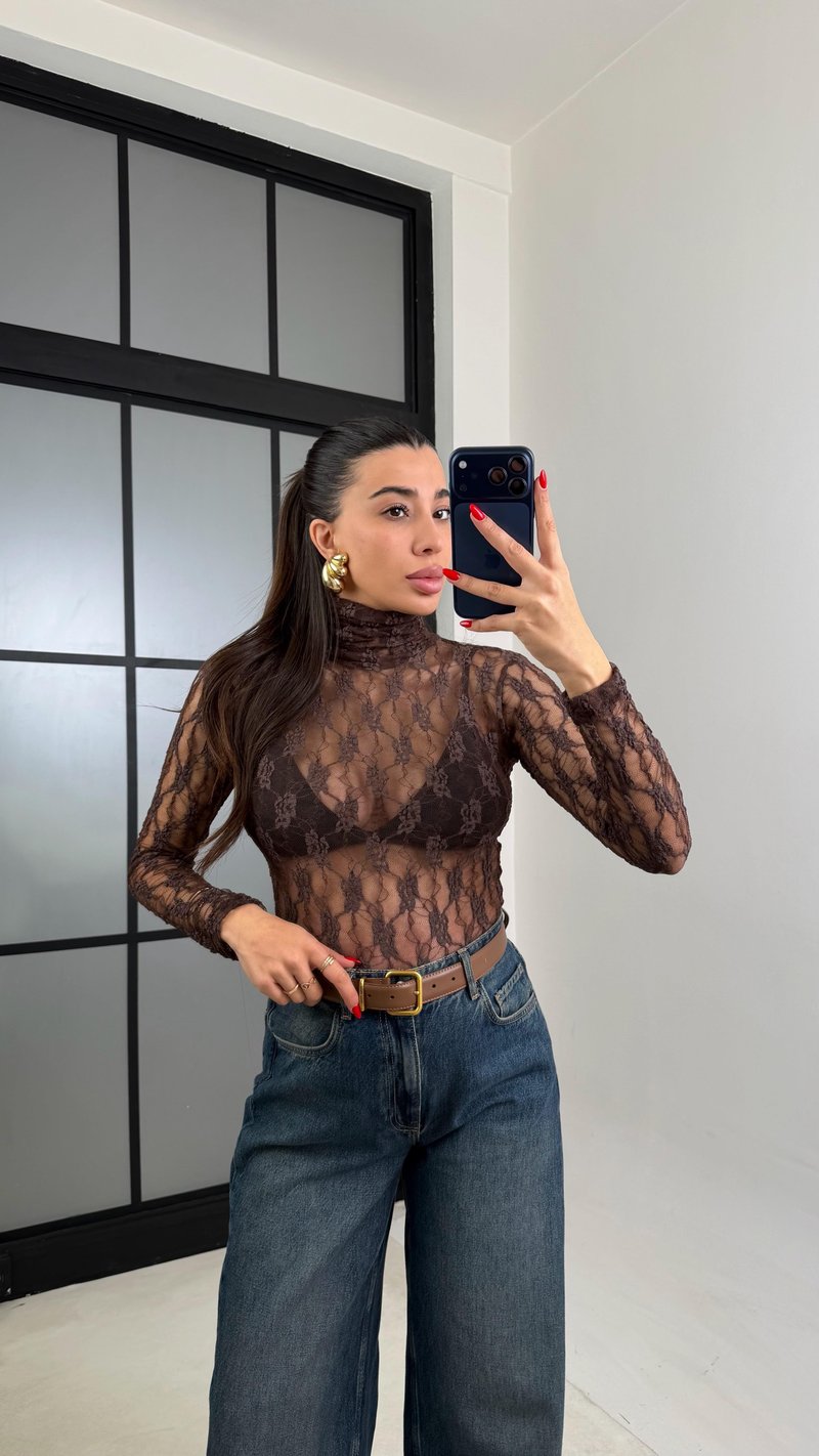 Kahve Balıkçı Yaka Dantel Bluz GAUS-00932