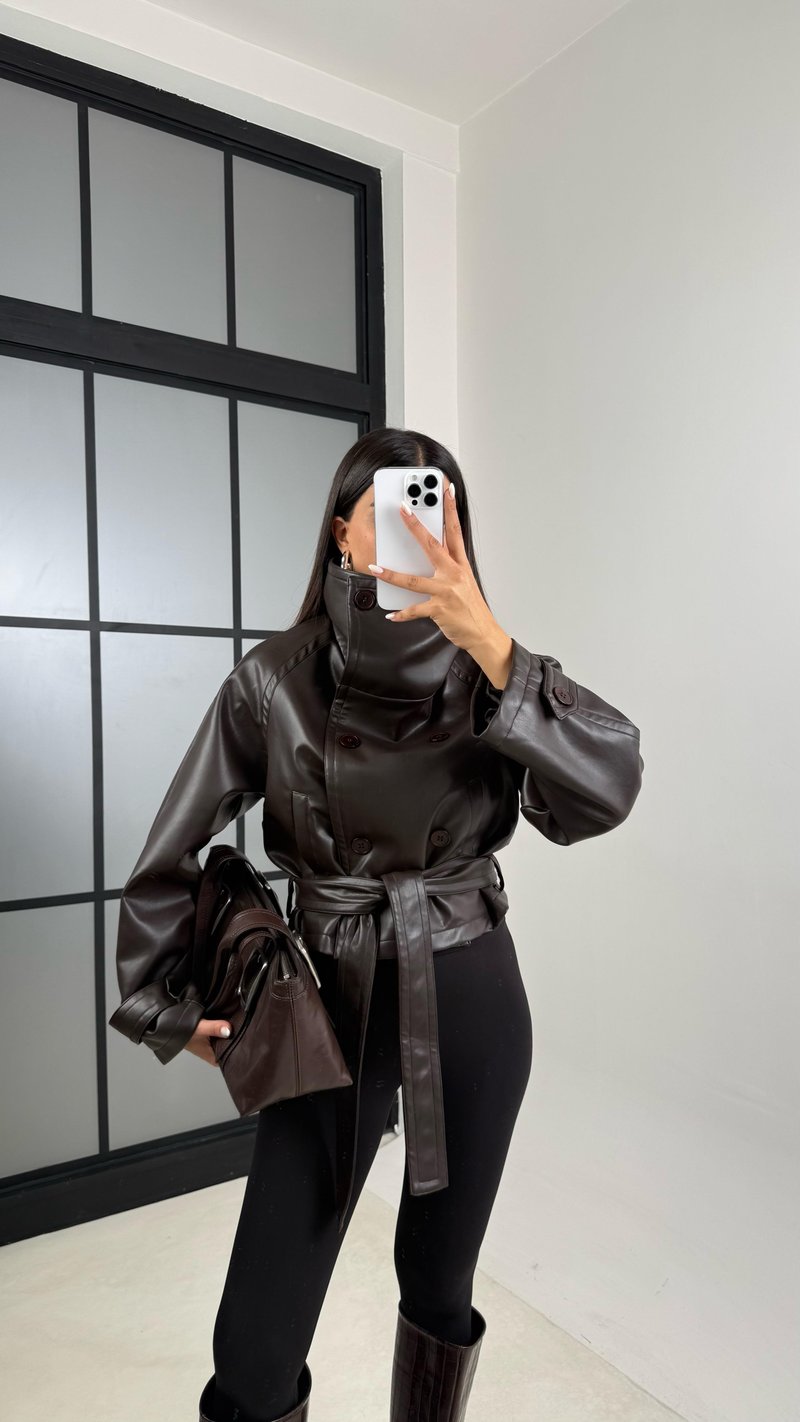 Acı Kahve Muadil Premium Astarlı Kuşaklı Deri Ceket GAUS-00517