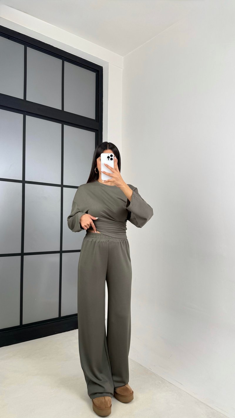 Haki Yarasa Kol Bluz Beli Lastikli Pantolon Tasarım Modal Takım GAUS-00572