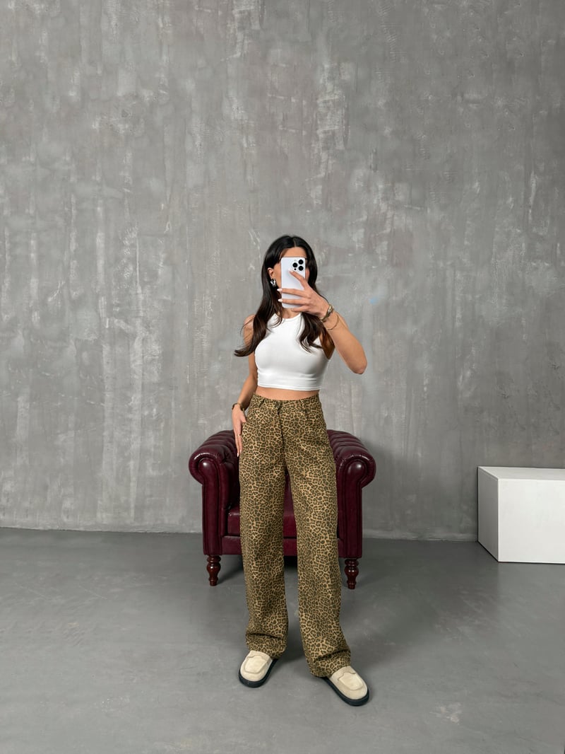 Leopar Desenli Gabardin Pantolon