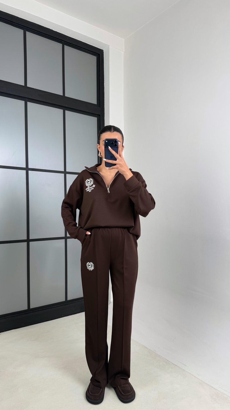 Kahve Fermuarlı Baskılı Sweatshirt Beli Lastikli Eşofman İkili Takım GAUS-00597