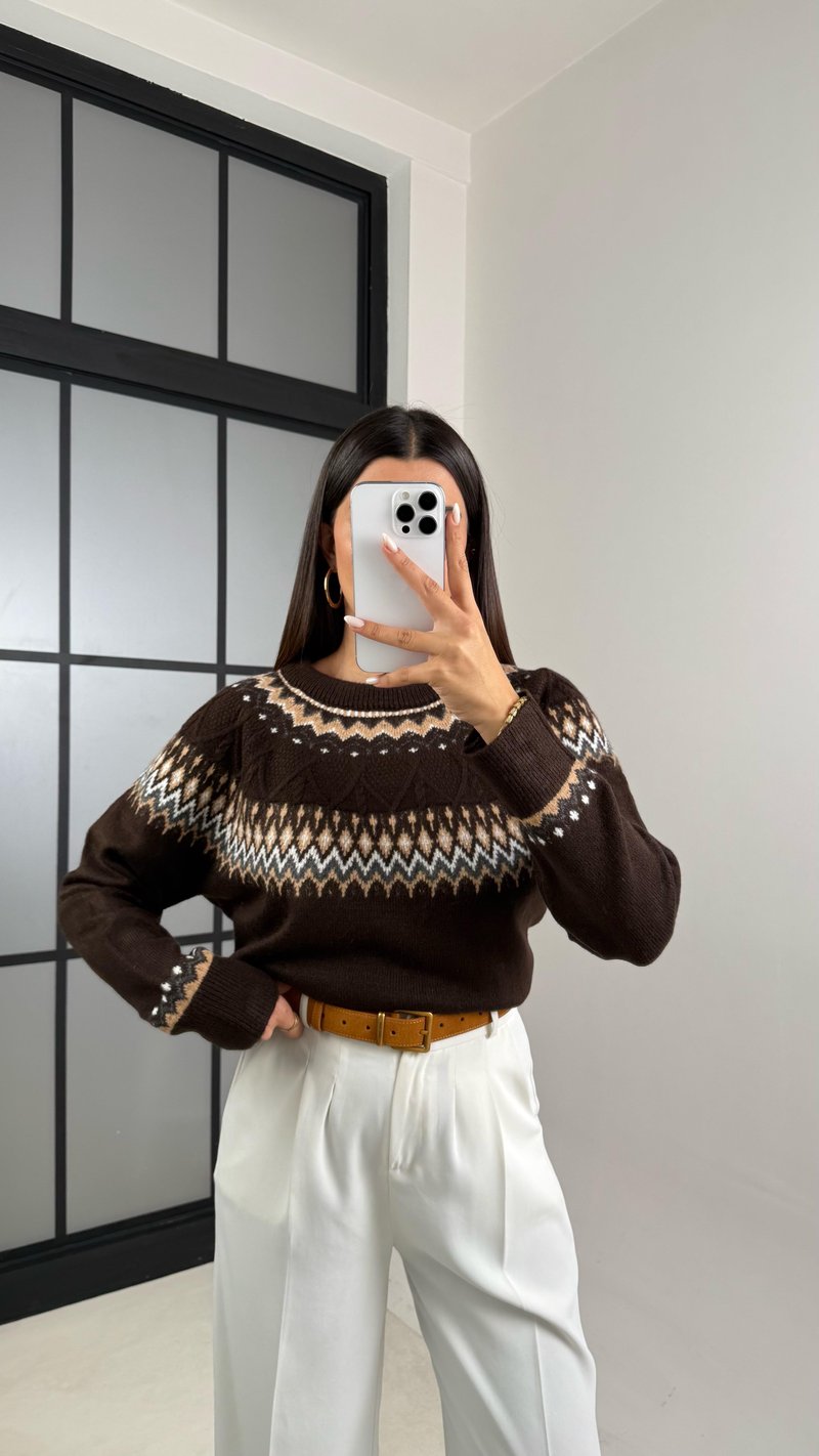 Acı Kahve Desenli Vintage Triko Kazak GAUS-00494