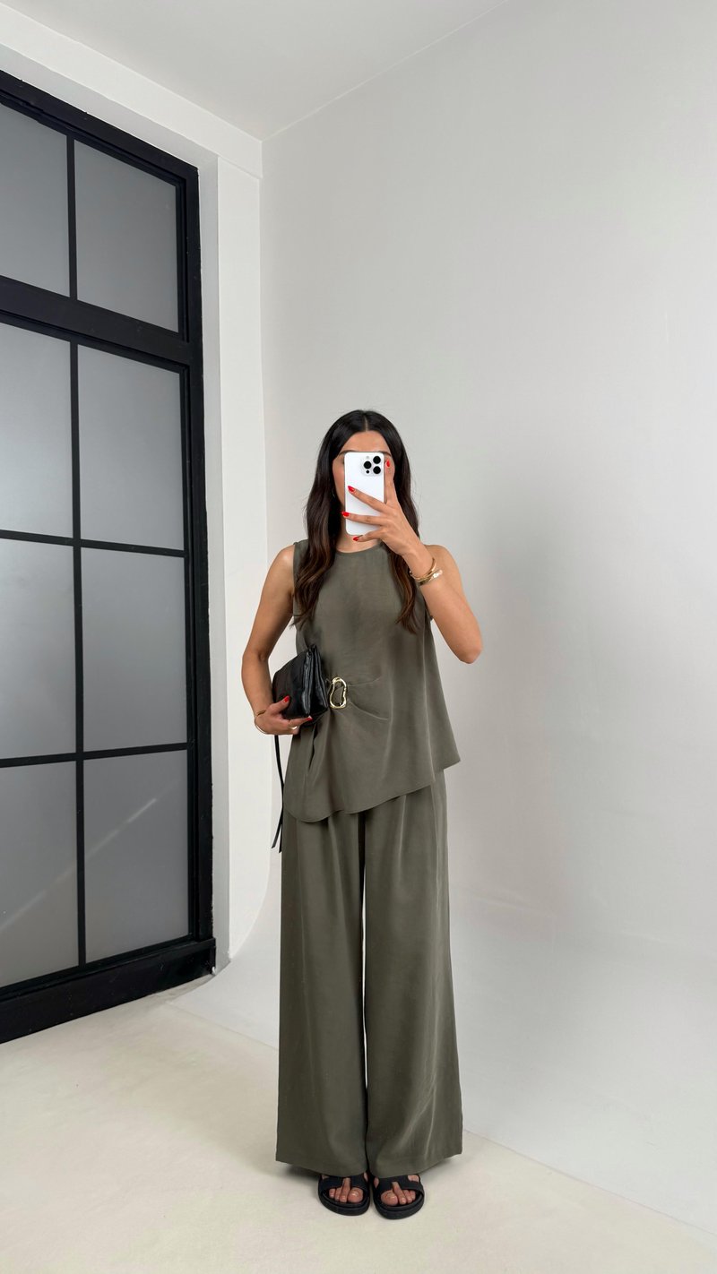 Haki Gold Detaylı Bluz Balon Pantolon İkili Tencel Takım Gaus00510