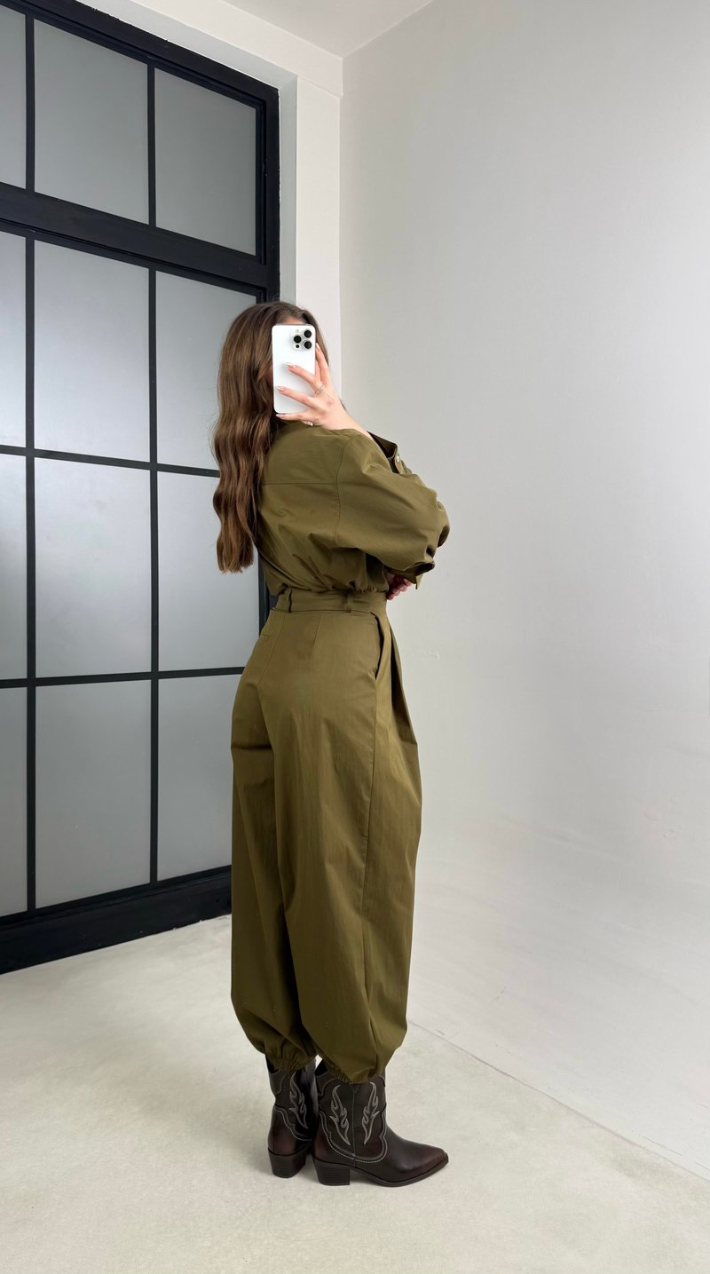 Yağ Yeşili Gömlek Paça Lastikli Pantolon İkili Takım GAUS-01114