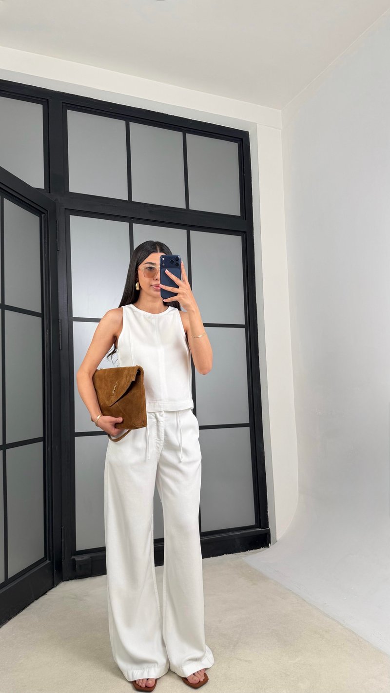 Beyaz Fermuarlı Bluz Beli Kuşaklı Pantolon İkili Denim Takım GAUS-01379 GAUS-01512