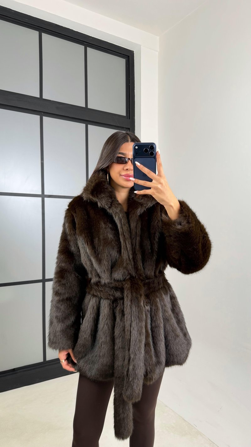 Acı Kahve Astarlı Kuşaklı Premium Kürk GAUS-00649