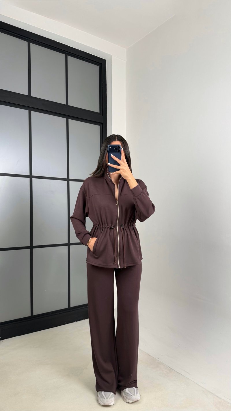 Kahve Beli Büzgülü Hırka Pantolon İkili Modal Takım GAUS-00571