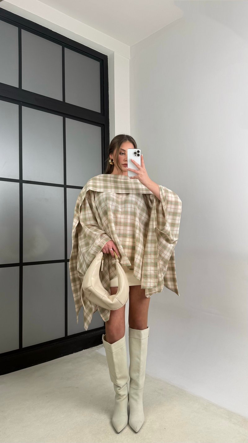 Yeşil Ekose Desenli Şal Detaylı Pelerin Panço GAUS-01153