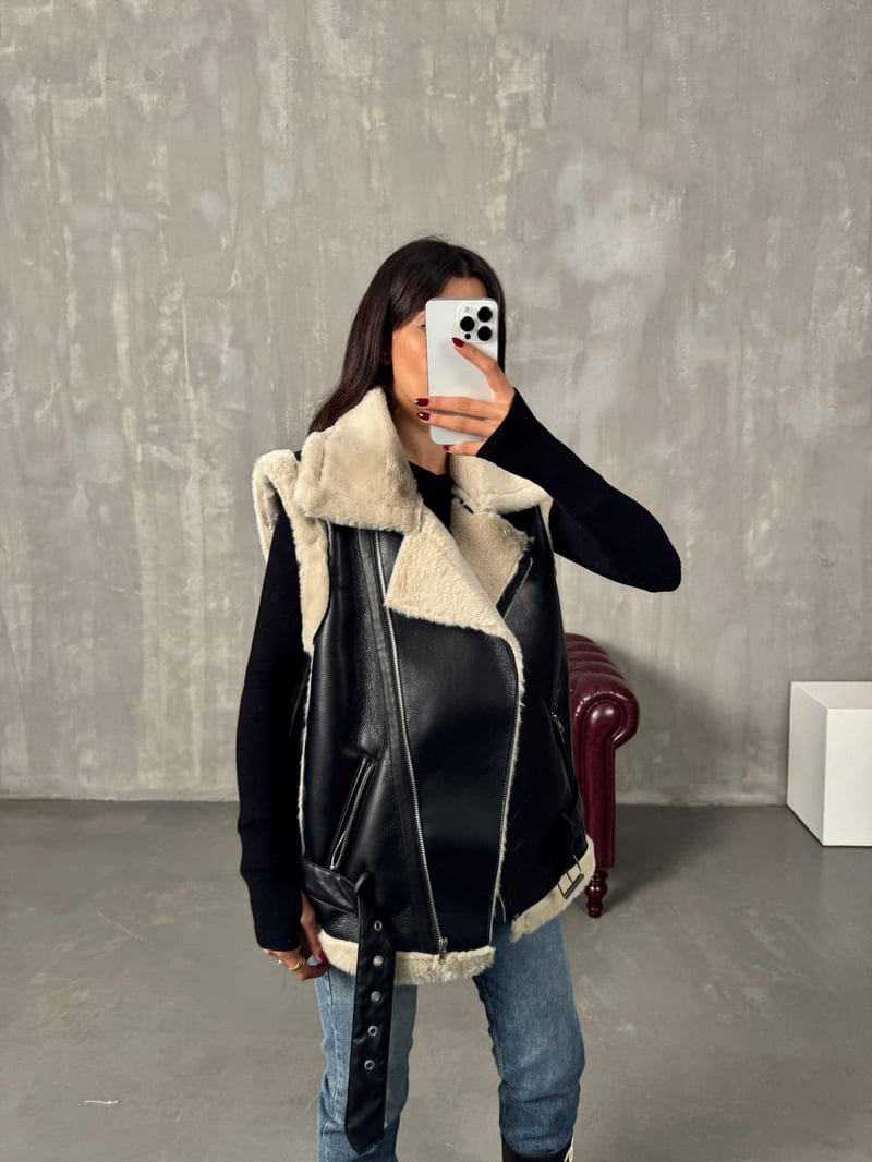 Sindo Siyah Peluş Deri Yelek Ceket