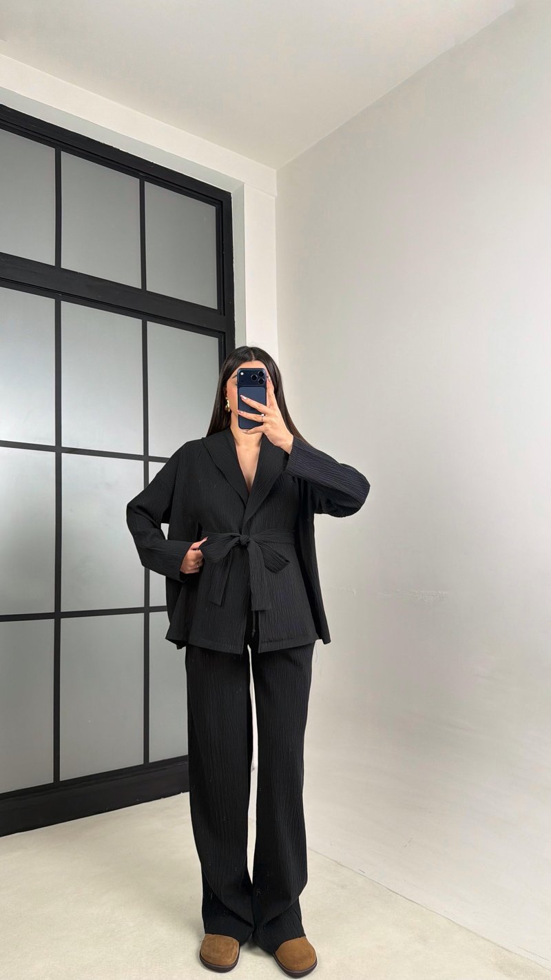 Siyah Kimono Beli Lastikli Pantolon İkili Muadil Takım GAUS-01113