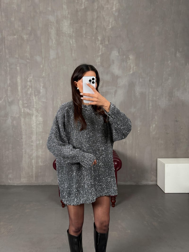Holis Gri Simli Oversize Kazak