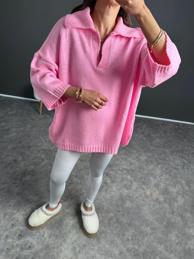 Doi Pembe Polo Yaka Triko Oversize Kazak
