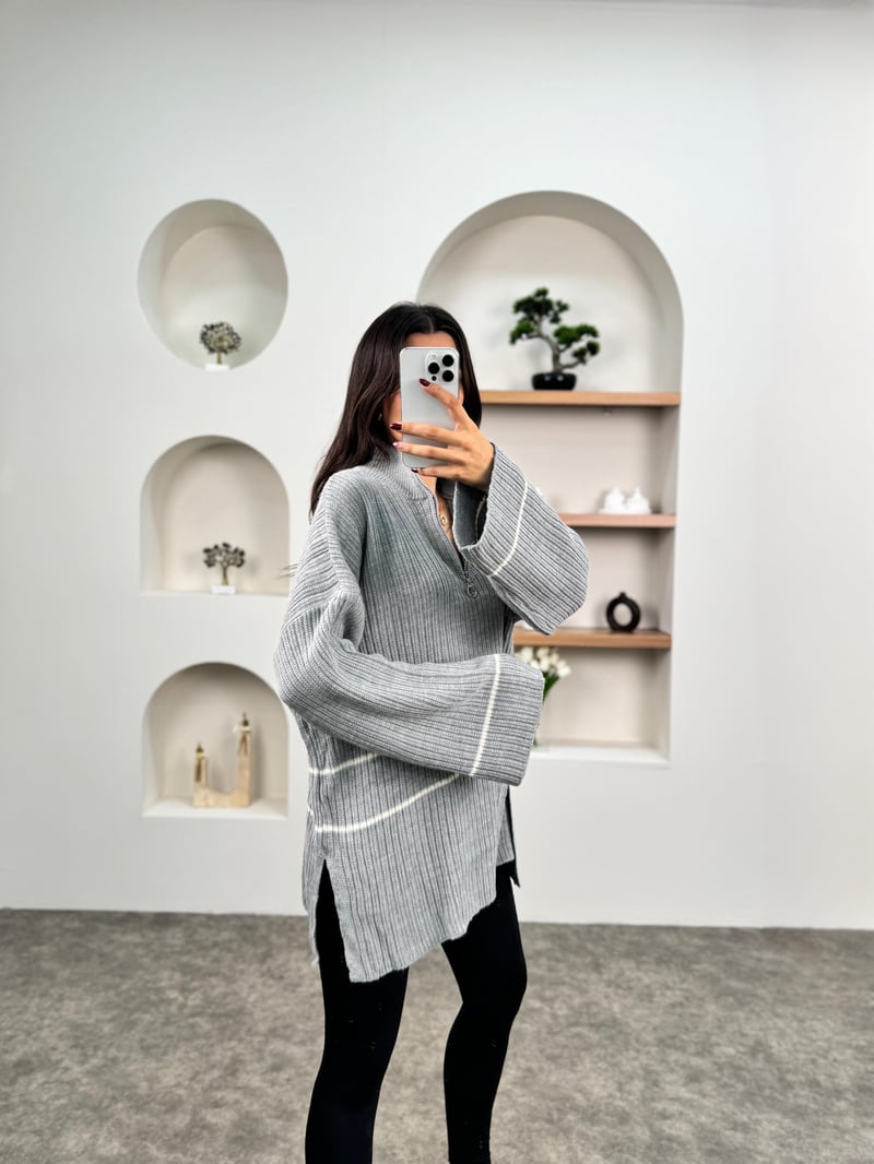 Leno Gri Fermuarlı Oversize Triko Kazak