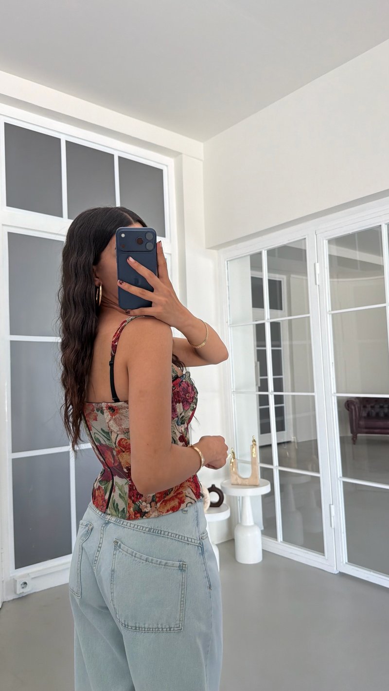 Çok Renkli Çiçek Desenli Çıkarılabilir Askılı Sırtı Lastikli Korse Bluz GAUS-01924